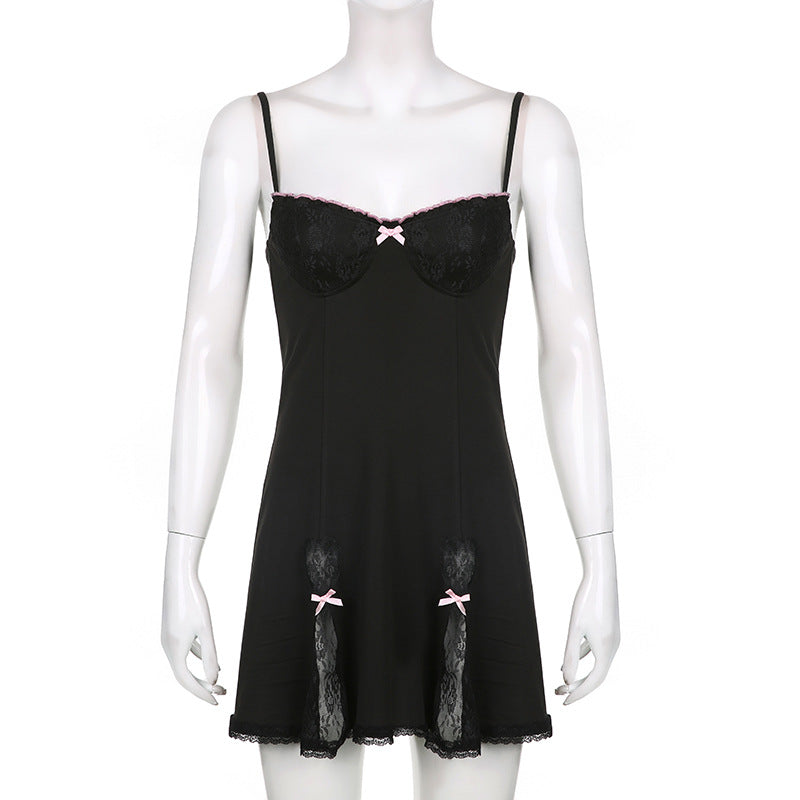 Gothic Kawaii Lace Trim Sleeveless V Neck Mini Dress With Bow Accent