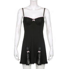 Gothic Kawaii Lace Trim Sleeveless V Neck Mini Dress With Bow Accent