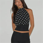 Vintage Open Back Halter Tank Top Dot Print Slim Fit Camisole