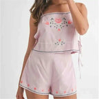 Floral Embroidered Tie Side Tank Top And Shorts Set Sleeveless Crop Cami Two Piece Outfit