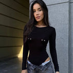Bodysuit Metallic Decor Crew Neck Long Sleeve Slim Fit