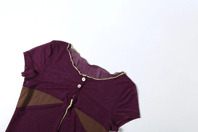 Sexy Mesh Patchwork Button o-Neck Mini Sleeve Top