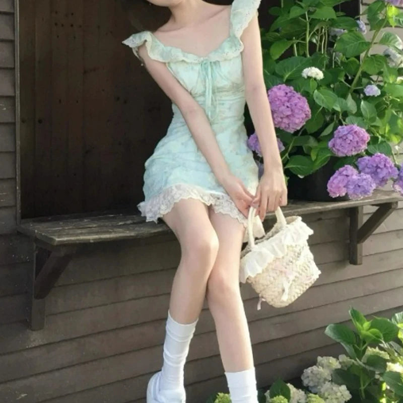 Pastel Green Floral Mini Dress With Ruffle Straps Sweetheart Neck Tie Front Cottagecore