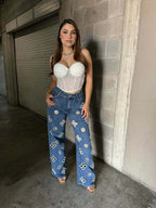 Glam Night Out Beaded Denim Jeans With Pearl Embellishments