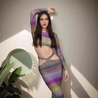 Contrast Print Crop Top And Fish Tail Long Sleeve Skirt Set Two-piece