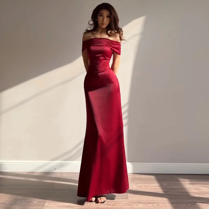 Retro Off Shoulder Satin Dress With Panel Back A Line Silhouette Long