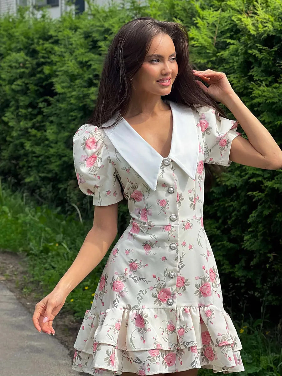 Puff Sleeves Ruffled Mini Dress With Pearl Buttons