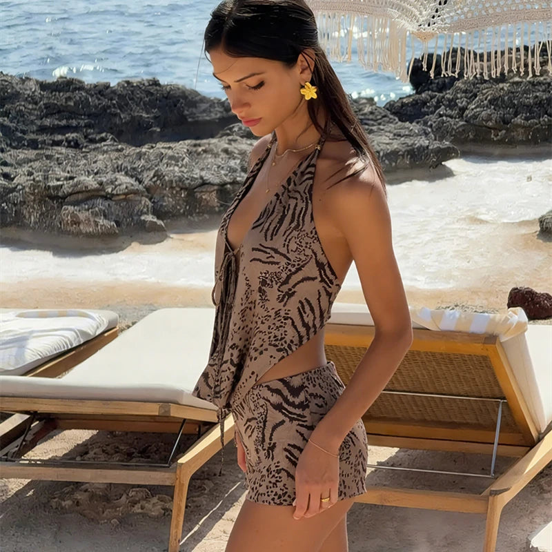 Tiger Print Halter Top Beachwear Set With Backless Detail And Lace Up Slim Fit Shorts