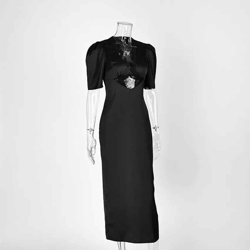 Hollow Out Patchwork Lace Dress With V Neck Short Sleeve High Waist Slim Fit