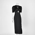 Hollow Out Patchwork Lace Dress With V Neck Short Sleeve High Waist Slim Fit