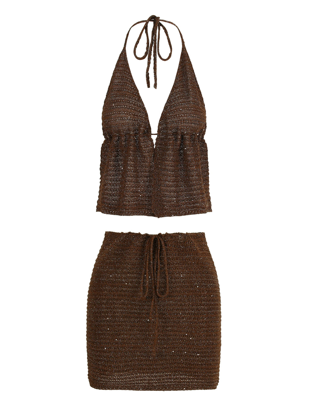 Knit Beach Set With Wrap Backless Top And Mini Skirt