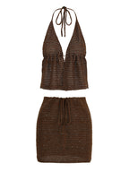 Knit Beach Set With Wrap Backless Top And Mini Skirt