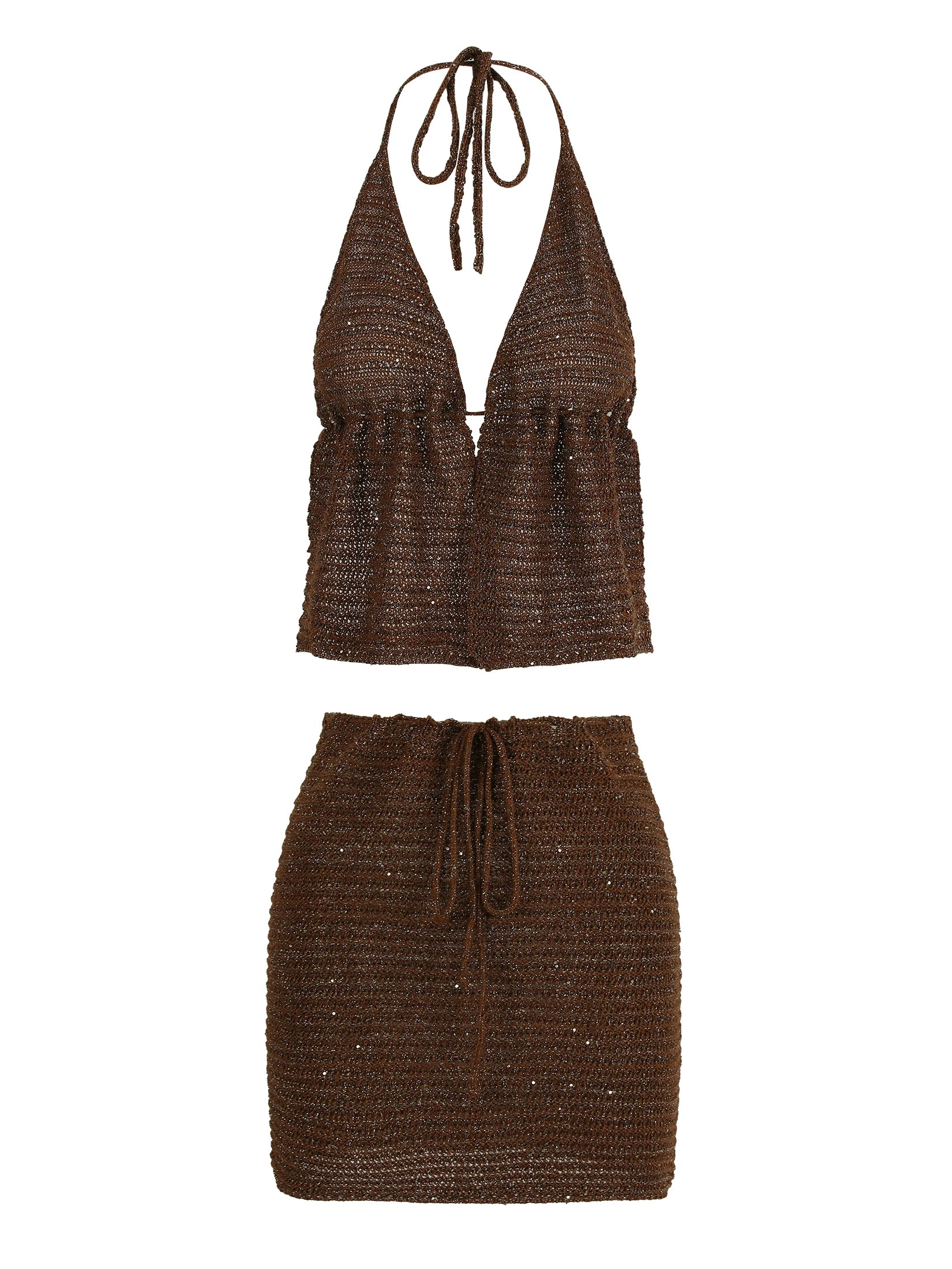 Knit Beach Set With Wrap Backless Top And Mini Skirt