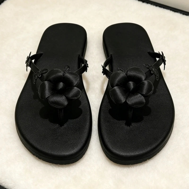 Pink Satin Flower Decorated Flip Flops For Women Comfortable Split Toe Sandals