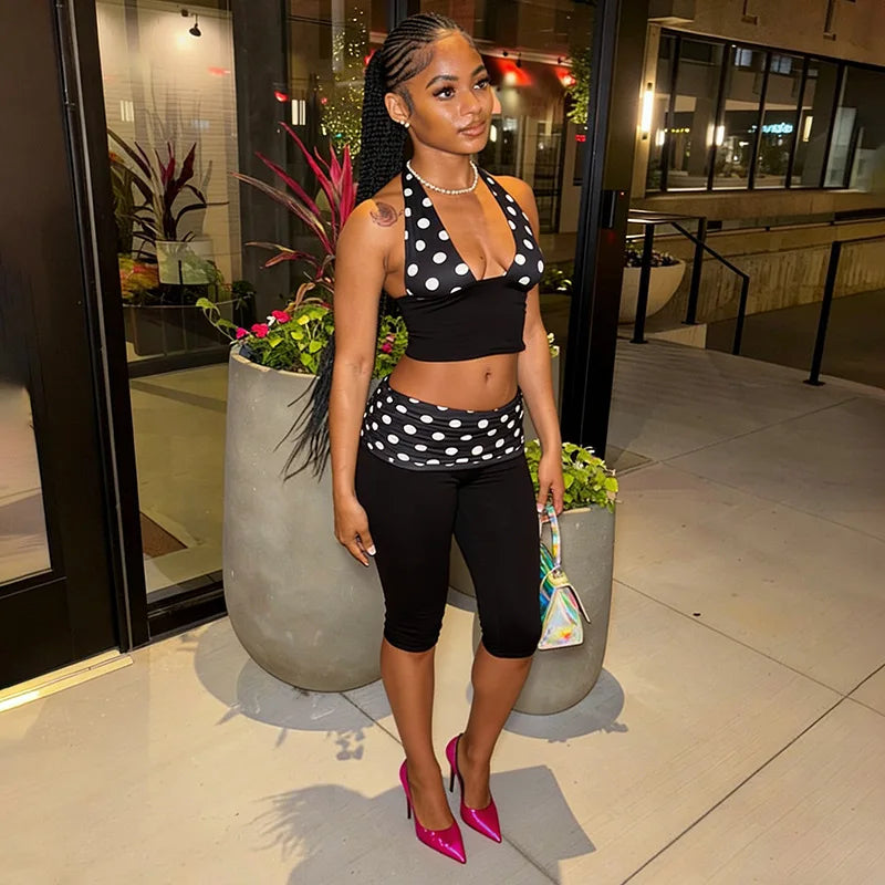 Patchwork Polka Dot Print Two Piece Set With Backless Halter Crop Top And Pleated Waist Capri Pants
