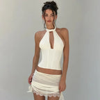 Halter Neck Crop Top With Lace Up Details And Backless Design