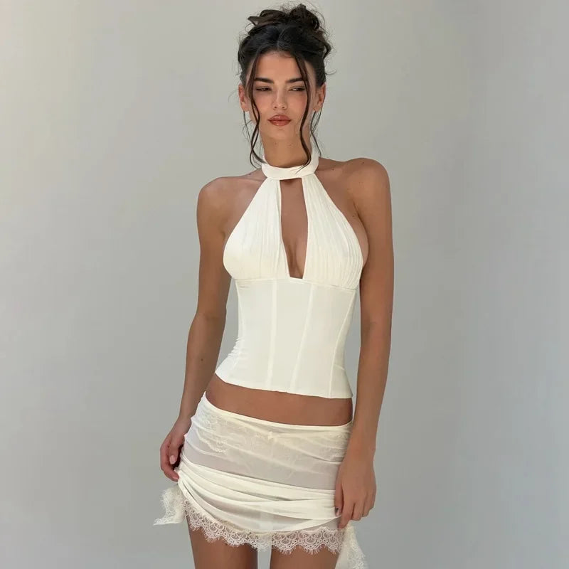 Halter Neck Crop Top With Lace Up Details And Backless Design