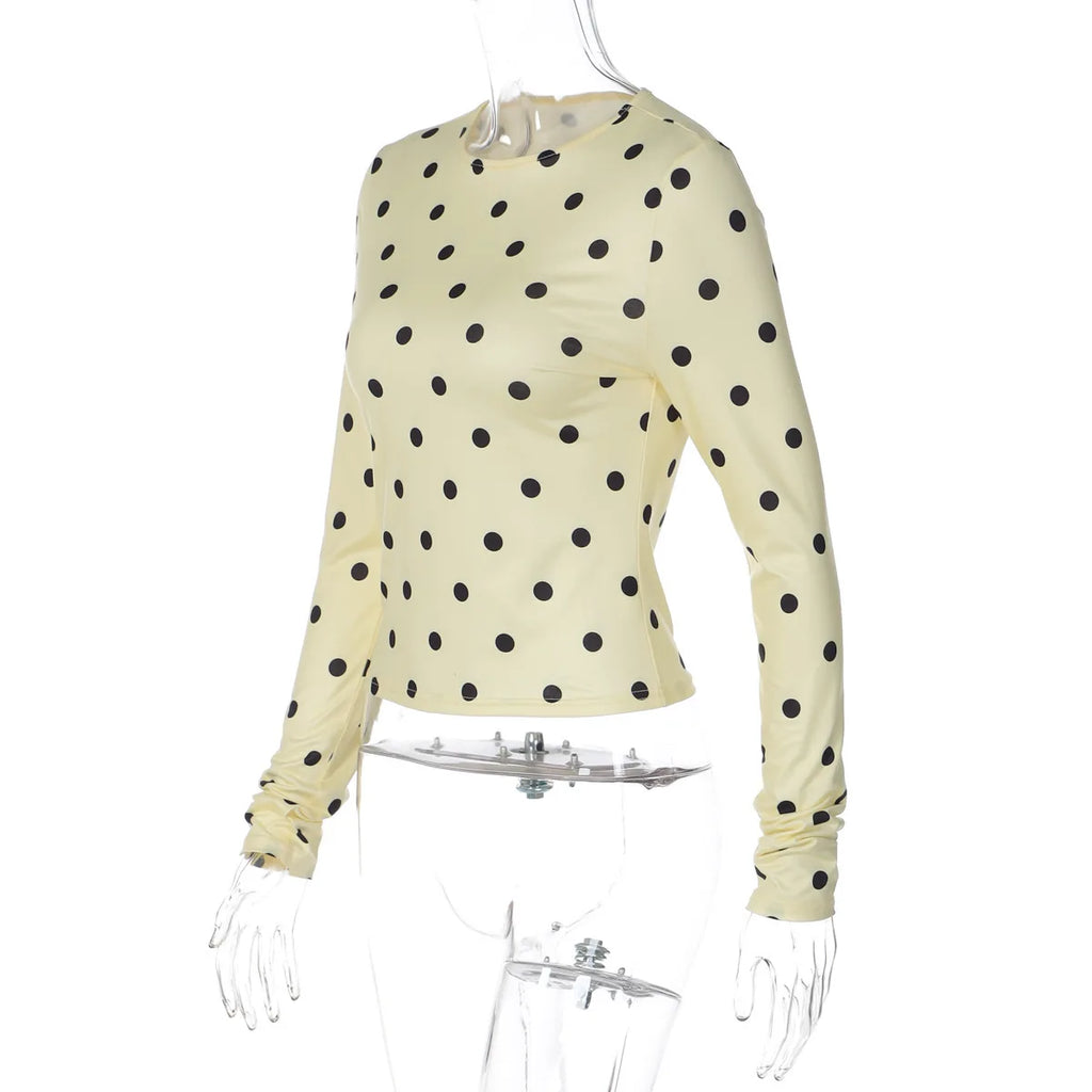 Yellow Dot Print O Neck Long Sleeve Tee Slim Fit Retro Streetwear