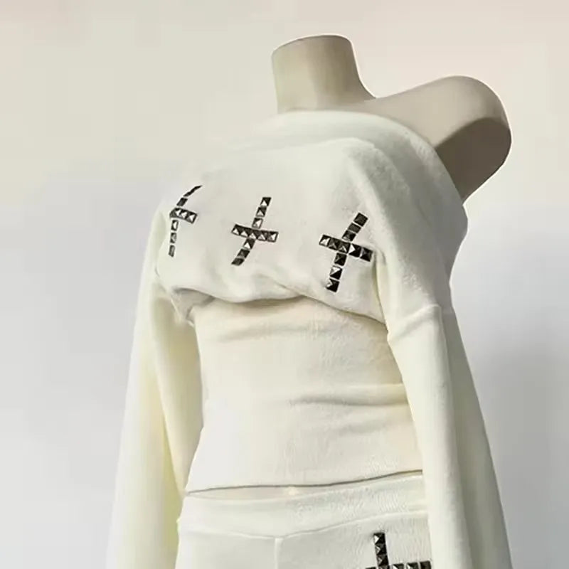 Gothic Punk Streetwear Two Piece Set With Rivet Details For Women Vintage Rock Inspired Outfit
