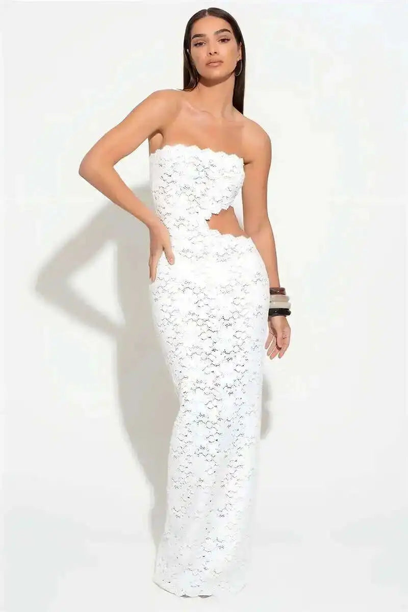 Elegant Off Shoulder Backless Lace Maxi Dress With Hollow Out Detailing