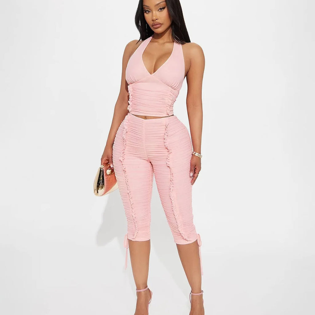 V Neck Halter Crop Top Two Piece Set With Sleek Fitted Pants