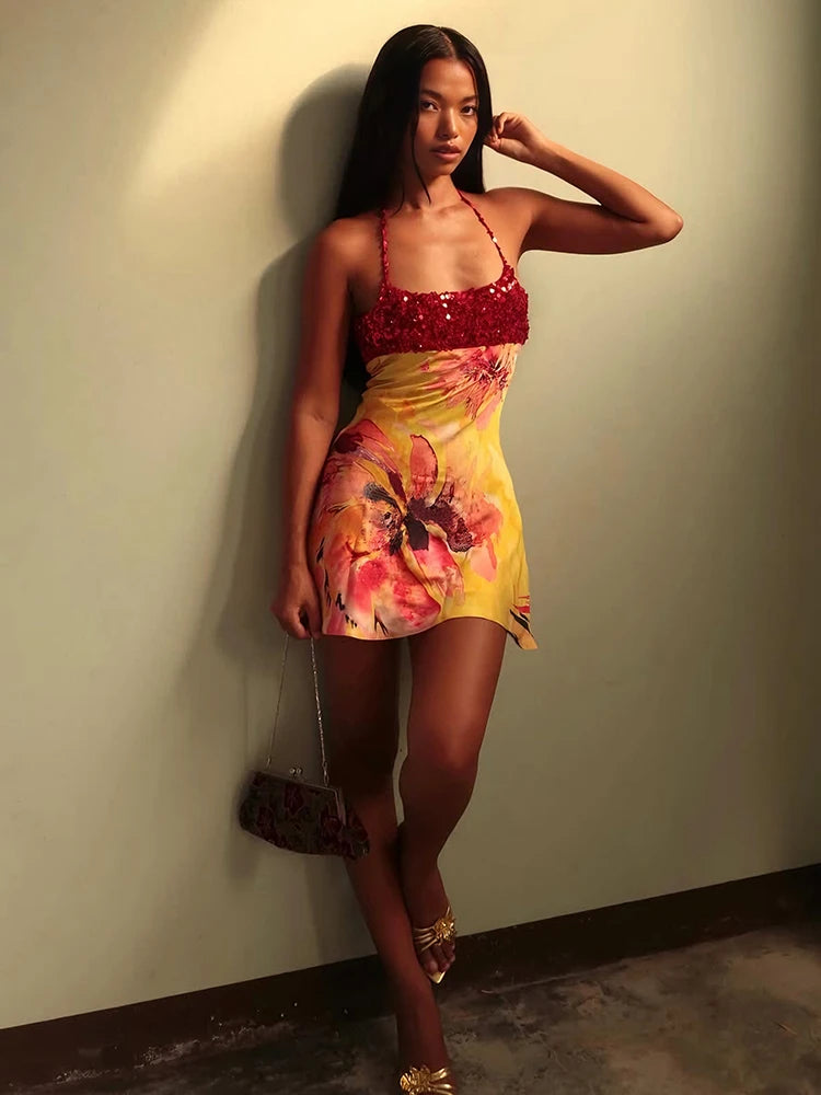 Floral Patchwork Mini Dress With Halter Backless Design