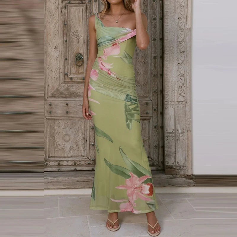 Elegant Floral Mesh Maxi Dress Sleeveless With Slash Collar