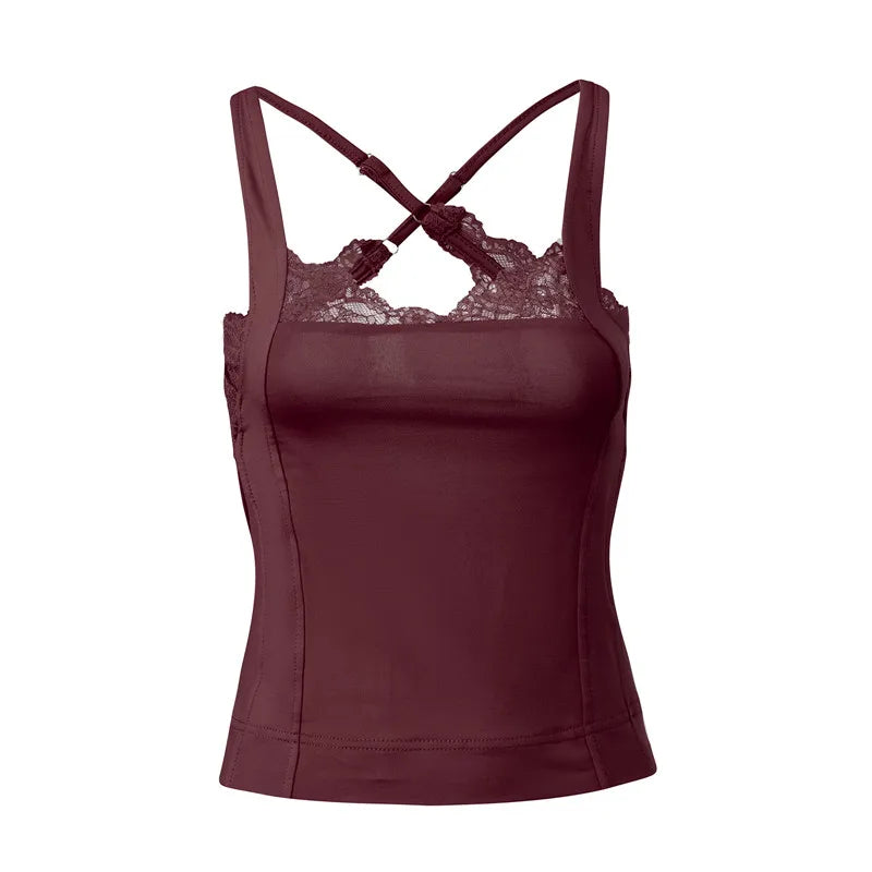 Vintage Y2K Lace Trim Halter Women Sleeveless Backless Camisole Slim Fit Crop Tank Top