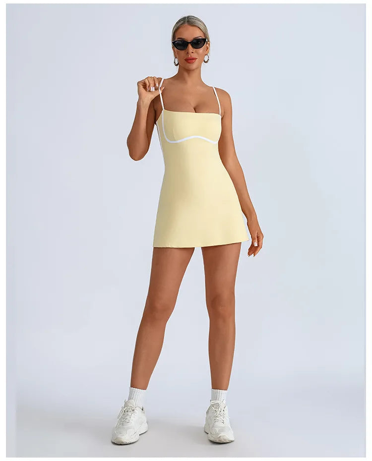 Women's Tennis Sleeveless Contrast Workout Yoga Build in Shorts Fashion Tight Fitting Skirts Suit