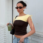 Ruffled Crop Tank With Lace Up Patchwork O Neck Sleeveless Top