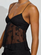 Sunny Day Floral Embroidered Mesh Cami Top With V Neck And Lace Trim