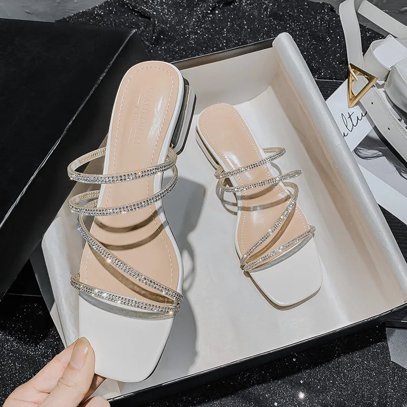 Crystal Rhinestone Clear Strap Sandals With Low Heel