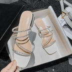 Crystal Rhinestone Clear Strap Sandals With Low Heel