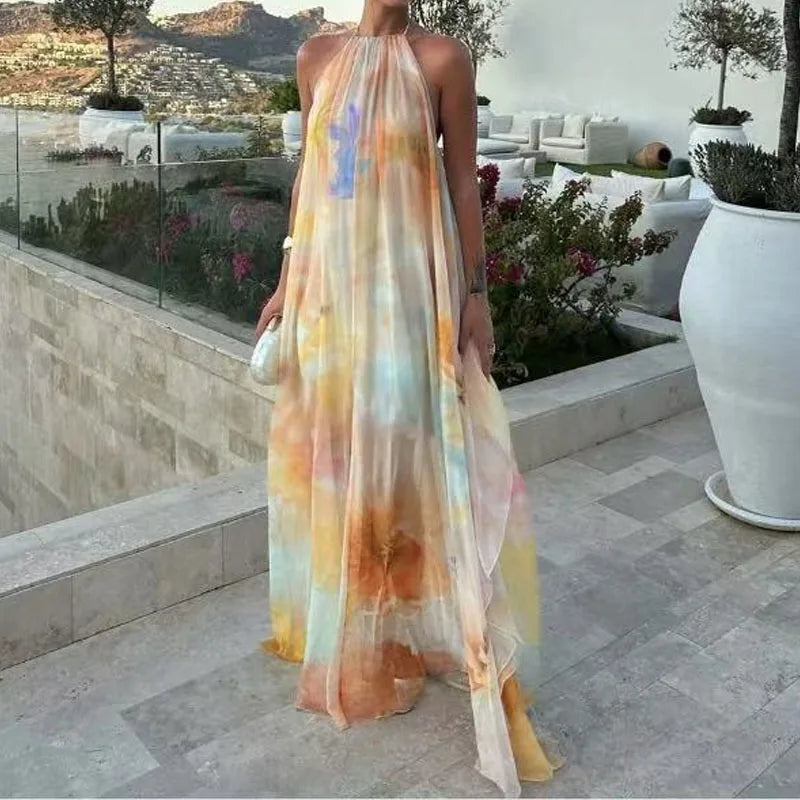Bohemian Patterned Maxi Dress With Backless Halter Sleeveless