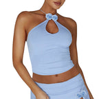 Floral Hollow Out Cross Back Tank Top With Flower Decor Cropped Sleeveless