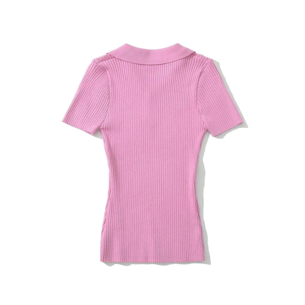 Knit Turn Down Collar Pullover For Women Slim Stretch Short Sleeve Top