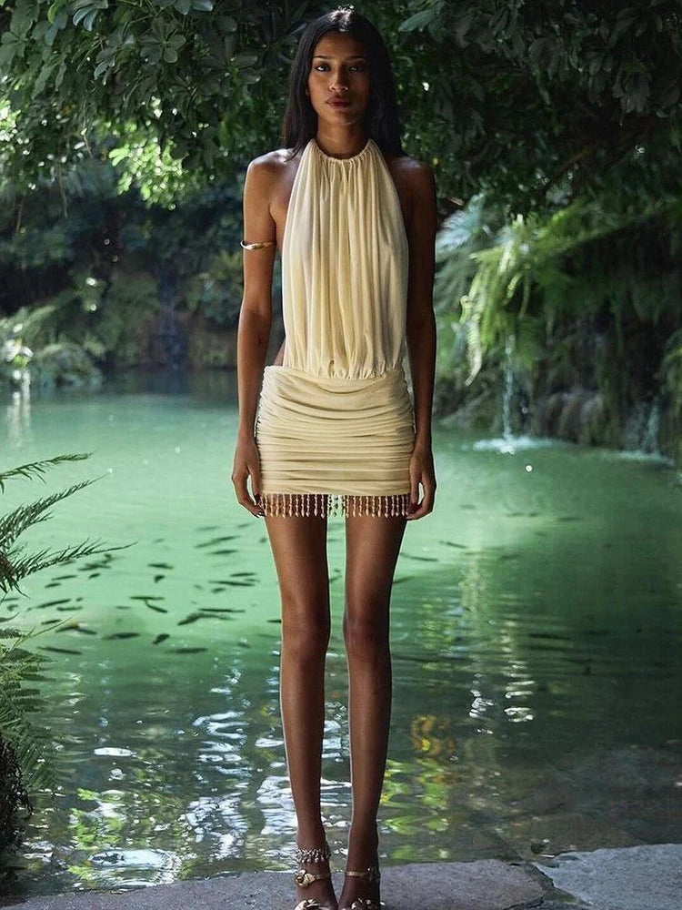 Patchwork Mesh Mini Dress With Lace-Up Halter Backless Tassel Detail