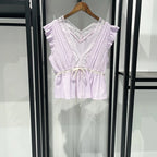 Sweet Lace V Neck Blouse With Ruffles And Flutter Sleeves