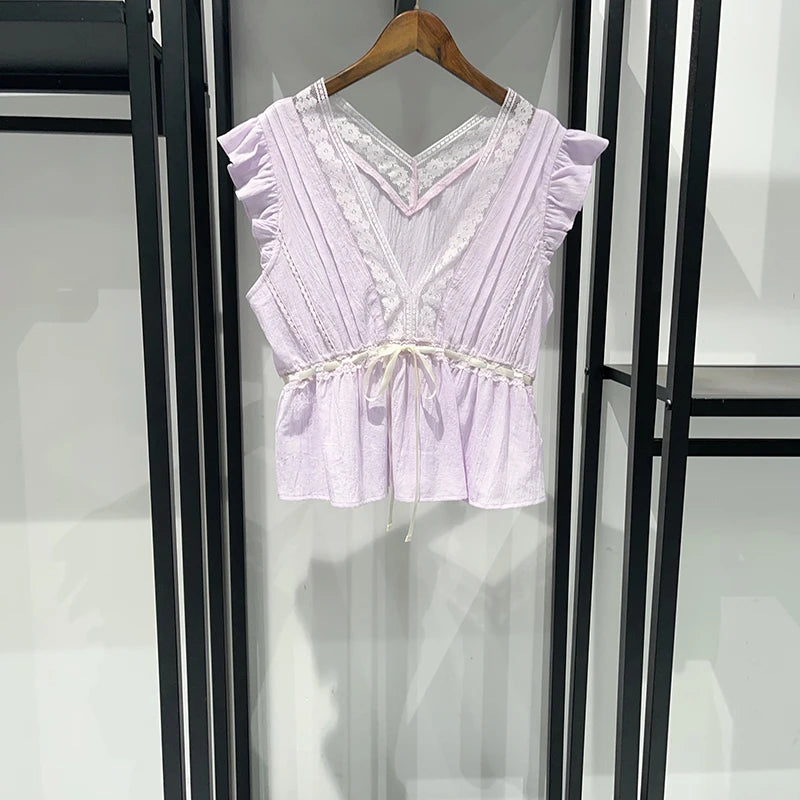 Sweet Lace V Neck Blouse With Ruffles And Flutter Sleeves