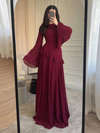 Flare Sleeve Maxi Dress With Ruffle Detail O Neck High Waist Pleated