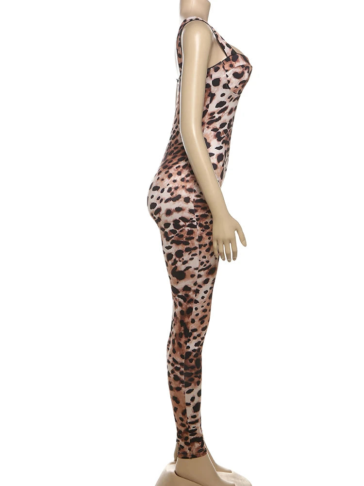 Leopard Print Sleeveless Jumpsuit For Women