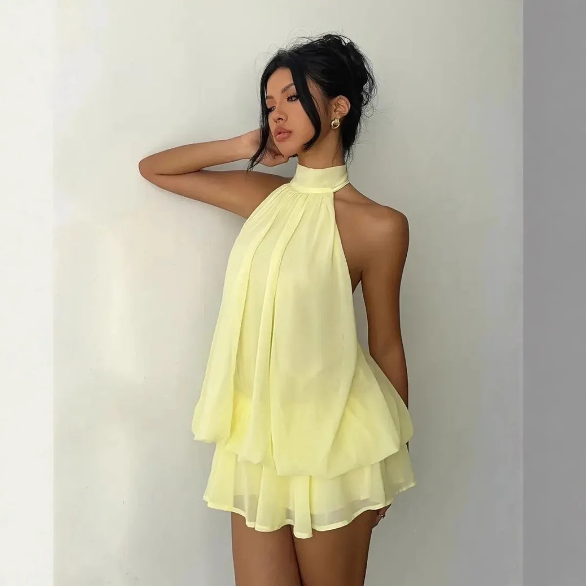 Women's Halter Neck Chiffon Mini Dress - Backless Tie-Front