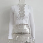Cross Tie Strap Hollow Out Midriff Top With Long Sleeves