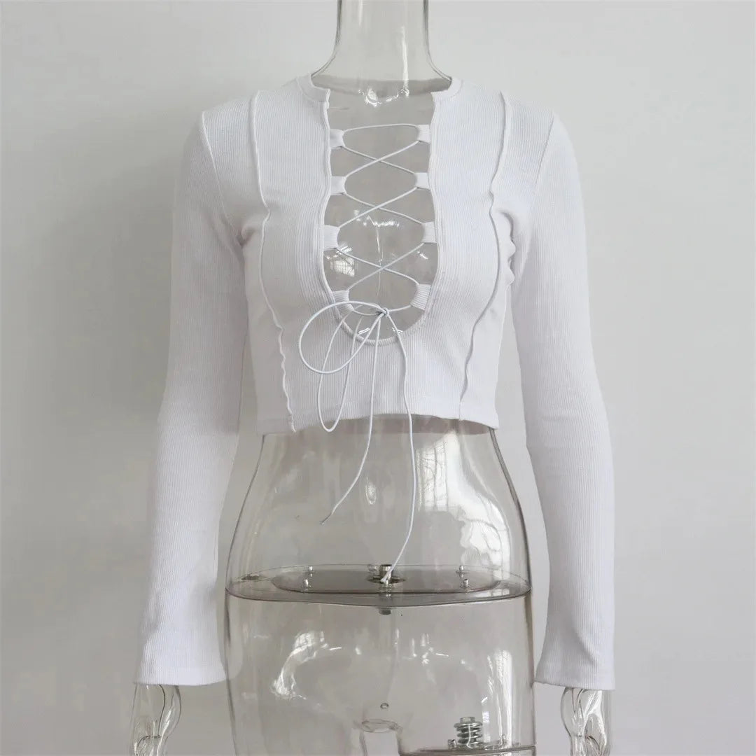 Cross Tie Strap Hollow Out Midriff Top With Long Sleeves