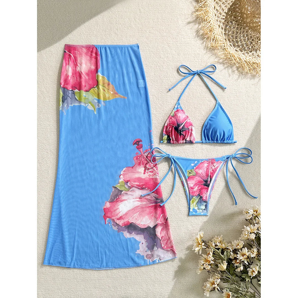 Flowers Printed With Skirt Halter Bikini Three-pieces Bikini set