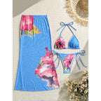 Flowers Printed With Skirt Halter Bikini Three-pieces Bikini set