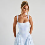 Gingham Square Neck A-Line Midi Dress With Pockets