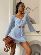 Knit Cutout Swim Cover Dress With V Neck And Lace Up Details Bell Sleeve