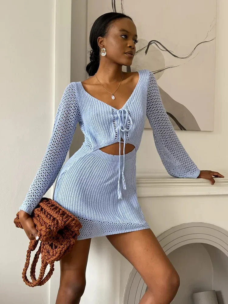 Knit Cutout Swim Cover Dress With V Neck And Lace Up Details Bell Sleeve