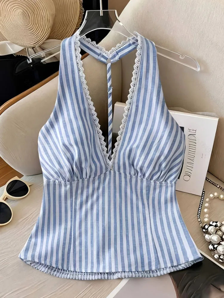 Women Halter Backless Striped Blouse Top Sleeveless